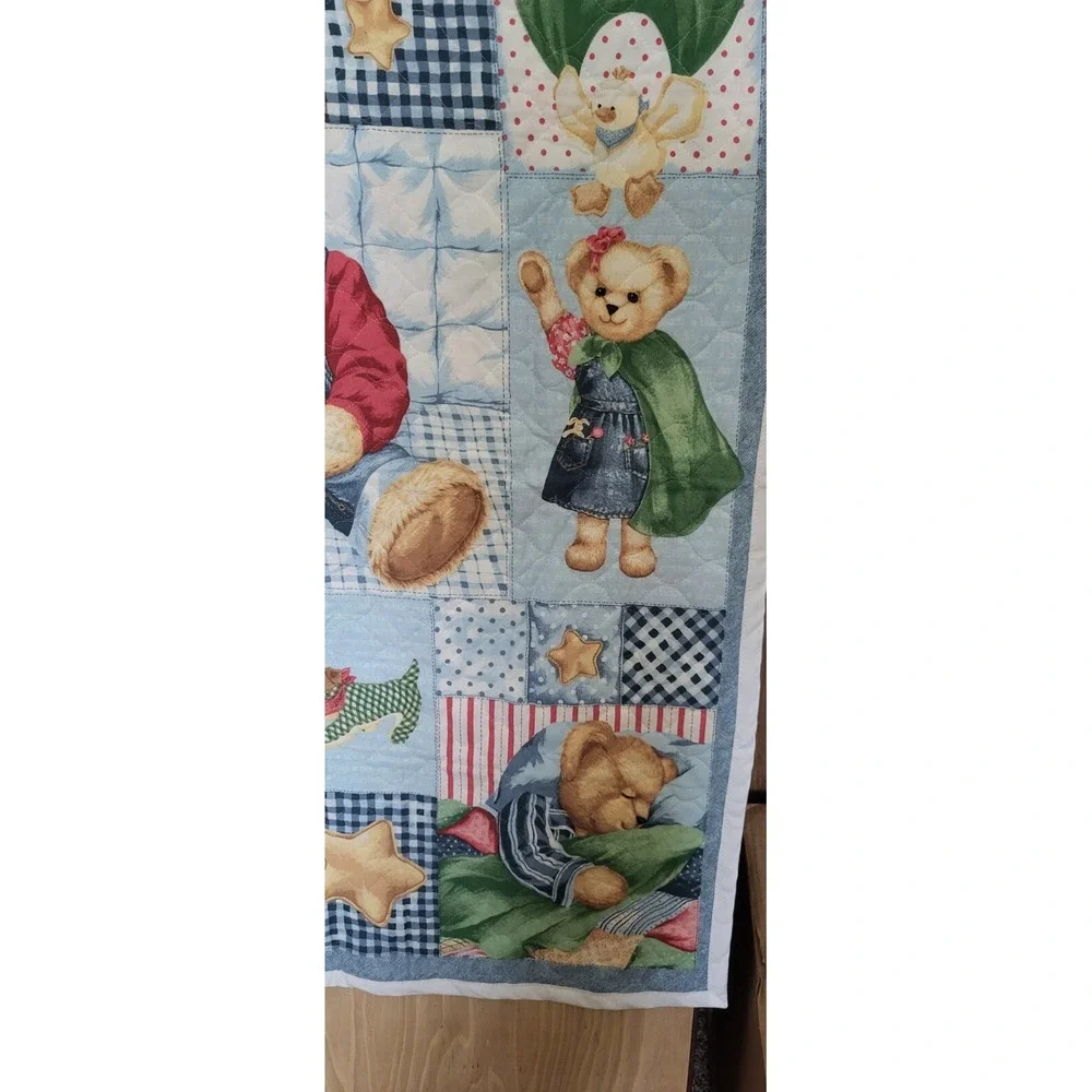 Vintage Teddy Bear Patchwork Quilted Baby Blanket Blue Gingham‎ Stars 34x44